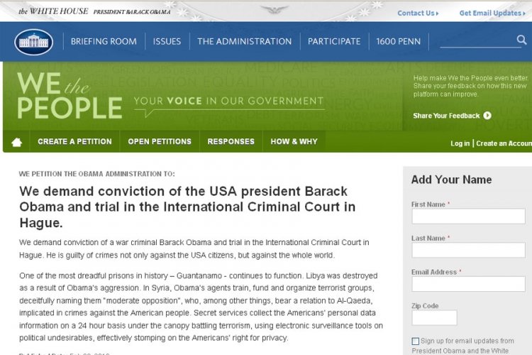 Peticija da se Obami sudi u Hagu na sajtu Bijele kuće