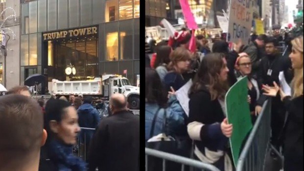 Ispred kule Tramp protestanti, novinari, policija....