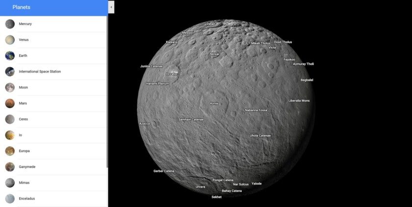 Istražite planete i mjesece u našem Sunčevom sustavu putem Google maps