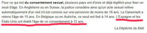Excerpt from a French newspaper stating that in Spain and in the US age of consent is 12-year old
