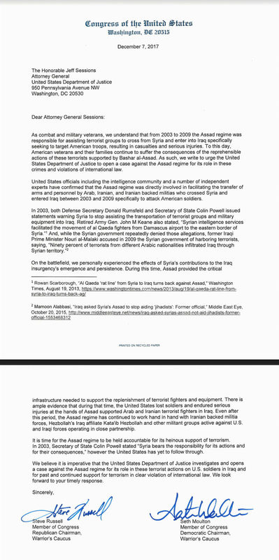 Congress members ask US Department of Justice to investigate Bashar Al Assad iraq