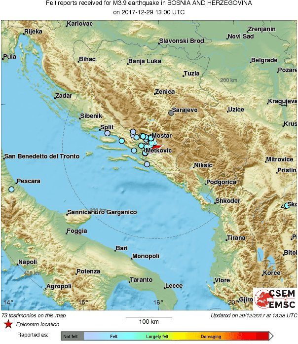 Zabilježen veoma plitak potres magnitude 3,9 u blizini Mostara