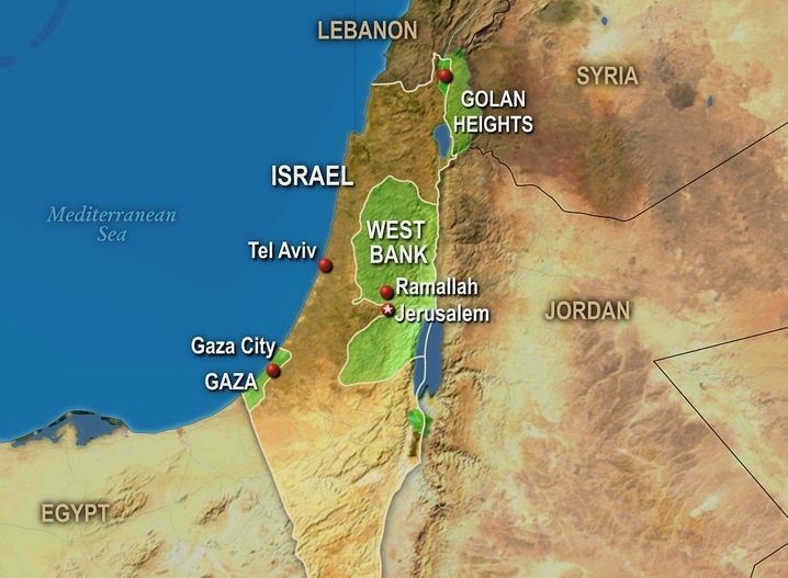 Klikni za povećanje Mapa Izraela i teritorije Golanske visoravni, Zapadne obale i Pojasa Gaze