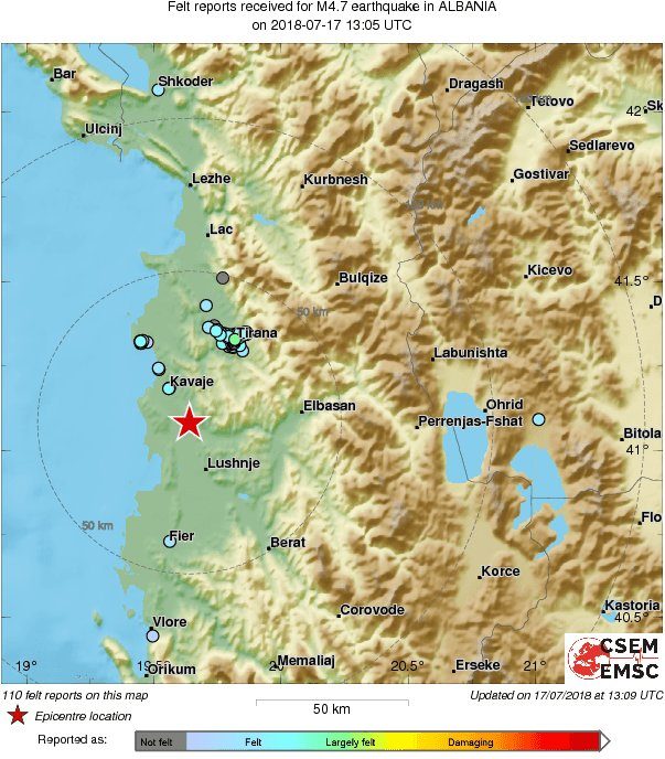 Plitak potres magnitude 4.6 u blizini Tirane, Albanija