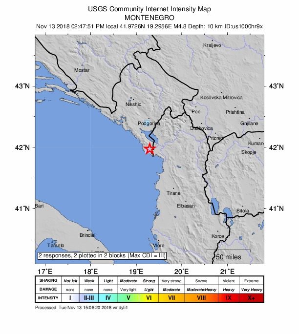 Plitak potres magnitude 4.6 pogodio blizu Ulcinja, Crna Gora