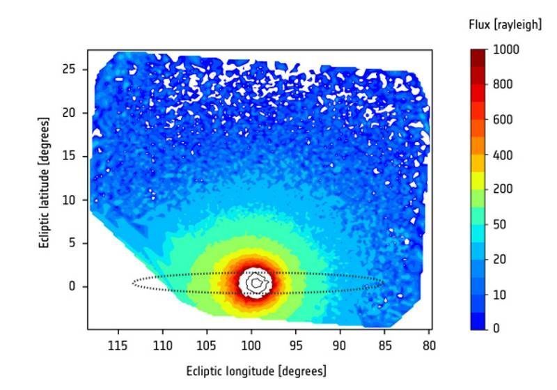 SOHO promatranje geokorene. Mjesečeva orbita oko Zemlje označena je točkastom elipsom