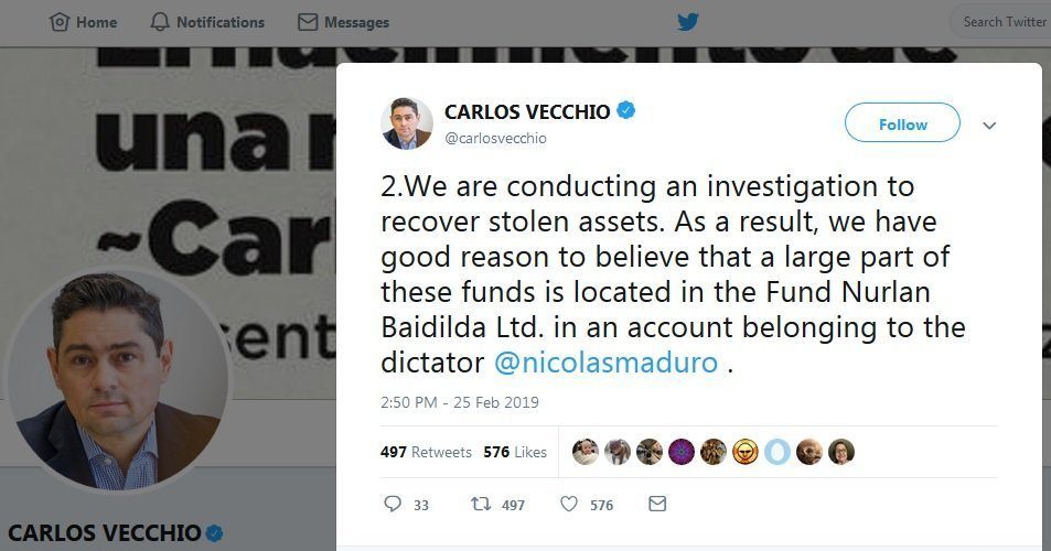 Tvit Karlosa Vekoja o „venecuelanskom novcu“ u fondu „Nurlan Baidilda Ltd“