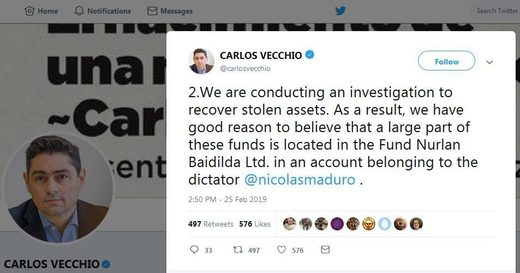 Tvit Karlosa Vekoja o „venecuelanskom novcu“ u fondu „Nurlan Baidilda Ltd“