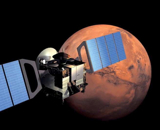 Ilustración de la nave Mars Express junto a Marte