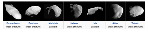 Slika 80: Ova kompozitna slika prikazuje dva asteroida među pet satelita Saturna. Da vam se ne kaže koji su 