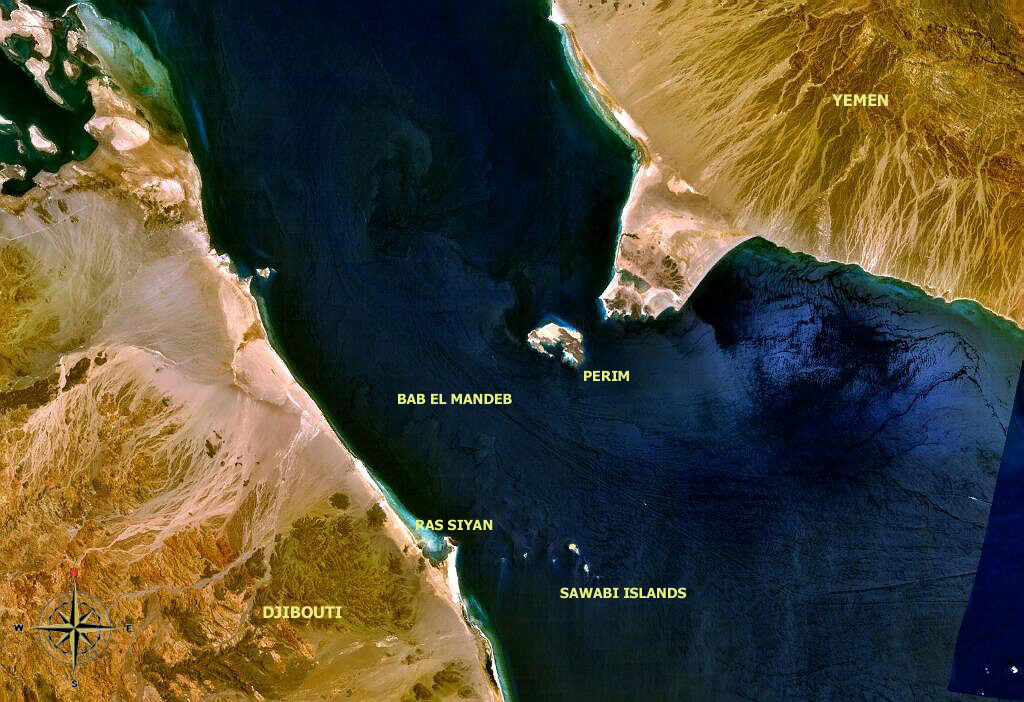 satelitska snimka strateški važnog tjesnaca Bab-el-Mandeb