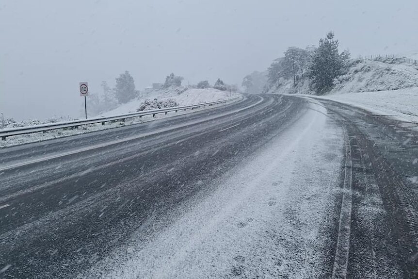 Snow on the Huon Highway at Vinces Saddle.