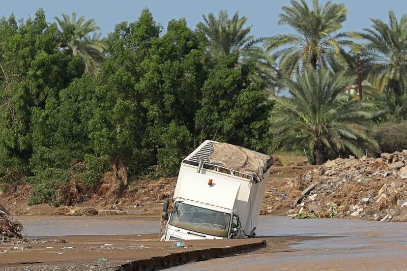 A vehicle is trapped by floodwater after the tropical Cyclone Shaheen in Al Khaburah city in Al Batinah on October 4, 2021