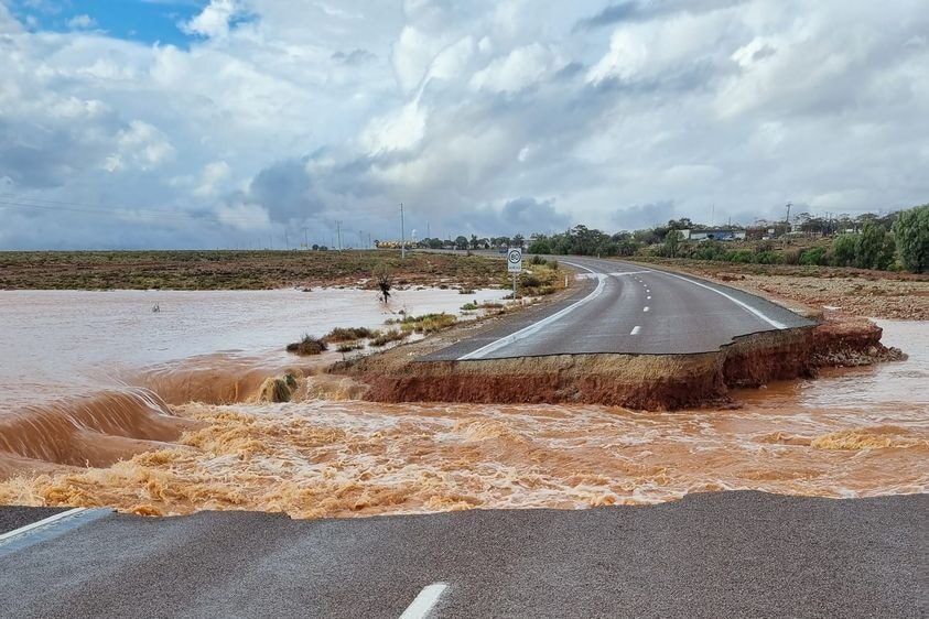 A section of the Olympic Dam Highway connecting Woomera and Roxby Downs was washed away by floodwaters.