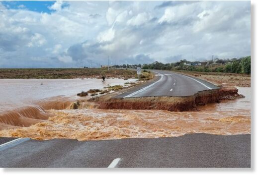 A section of the Olympic Dam Highway connecting Woomera and Roxby Downs was washed away by floodwaters.