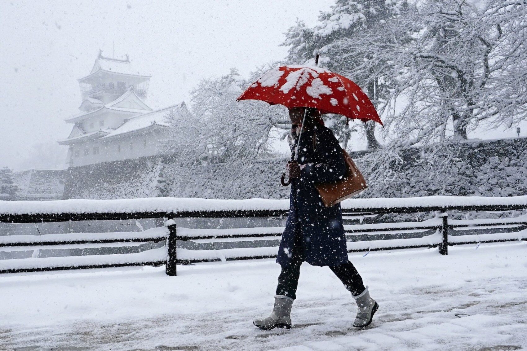 A woman walks along a road with Toyama Castle in the background during heavy snow in Toyama City on Thursday.