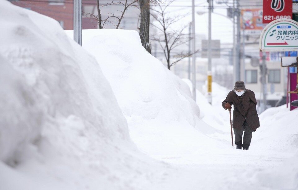 snow piled up in Sapporo, northern Japan, on Feb. 21, 2022.