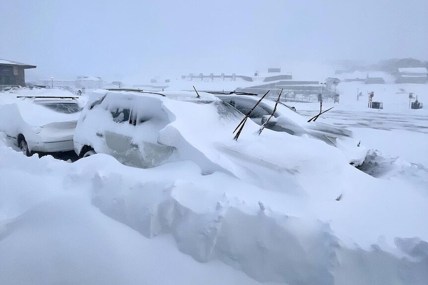 Snow covered vehicles at Perisher Resort in the NSW Snowy Mountains yesterday.