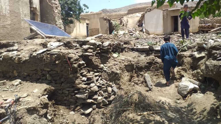 Flood damage in Seyed Abad District, Maidan Wardag Province, Afghanistan, July 2022.