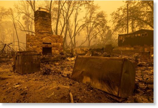the ruins of a property in the community of Klamath River, which burned in the McKinney Fire in Klamath National Forest, northwest of Yreka, California, on July 31, 2022.