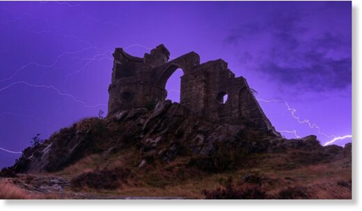 Lightning pictured above Mow Cop in Staffordshire