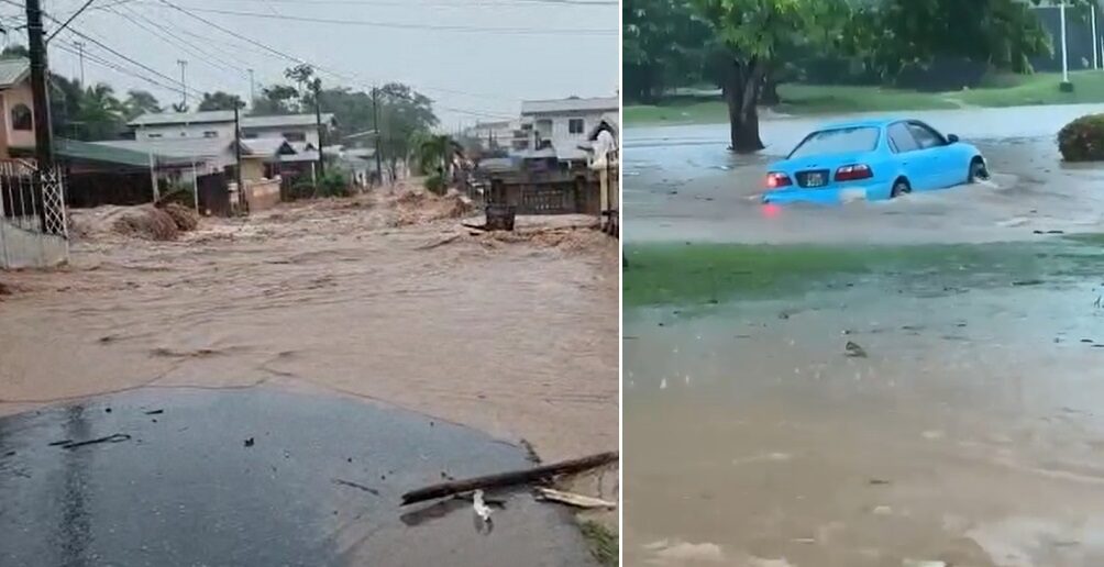 looding in Trinidad courtesy the ODPM (L), car drives through floods near UWI St Augustine's Campus (R).