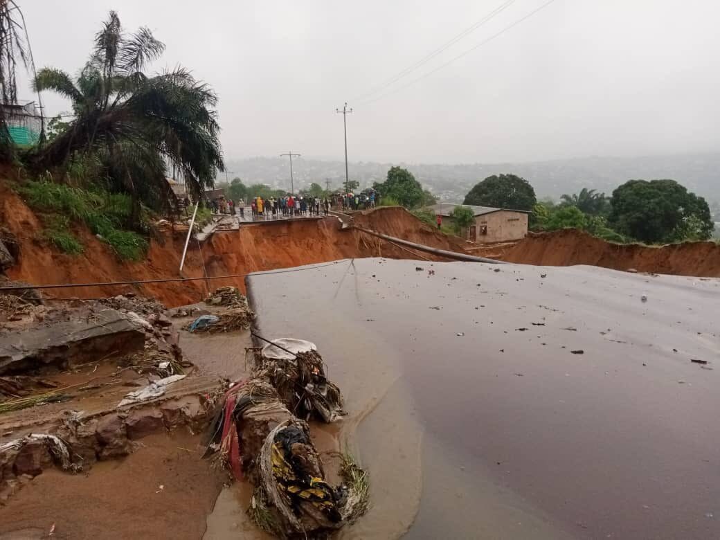 A road that was destroyed by heavy floods in Matadi Kibala,