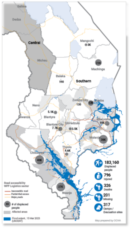 Map of flooded areas in Malawi after Tropical
