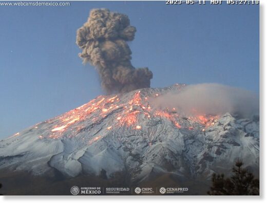 Incandescent bombs, resulting from the eruption, spread over upper snow-covered flanks at Popocatépetl volcano