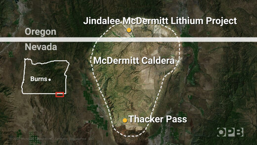 Karta kaldere McDermitt na granici Oregona i Nevade.