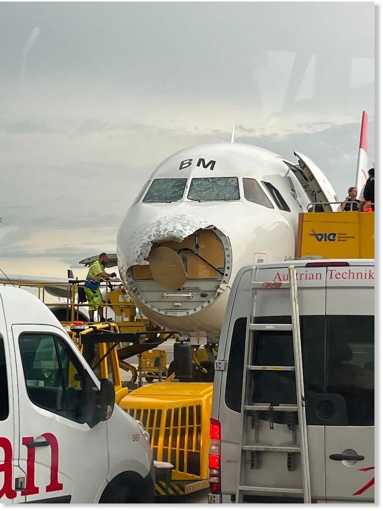 Damage is seen on an Austrian Airlines airplane in Vienna