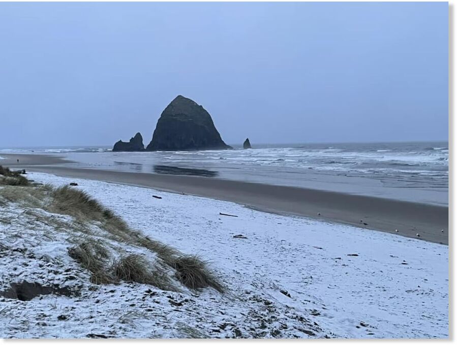 Snow at Cannon Beach on February 4, 2025.