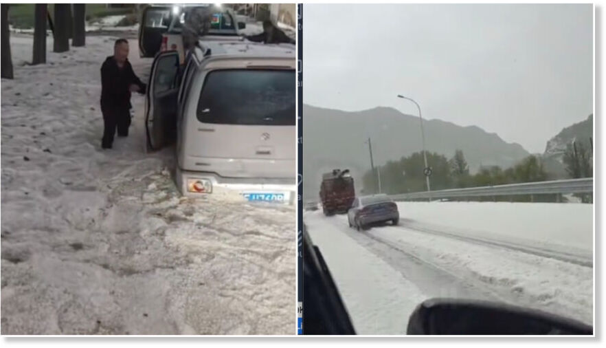 On May 5, 2025, a rare hailstorm hit Baoding, Hebei Province, with thick hail covering the ground like snow.