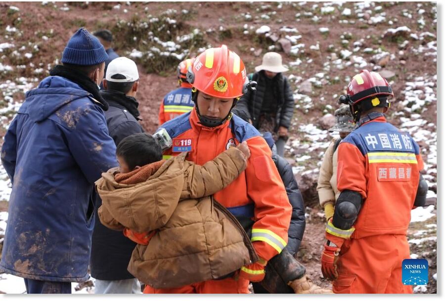 Rescuers work at the site of the landslide in Muta township, Dengqen county, Southwest China's Xizang autonomous region, June 2, 2025.