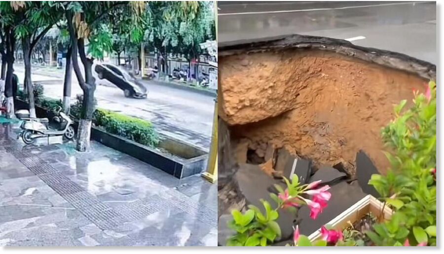 A car in China narrowly avoided disaster when a section of the road suddenly collapsed, creating a large sinkhole.