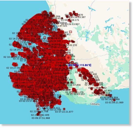 Image: Total Lightning Network detected lightning strikes within 500km of Perth in the 24 hours to 8am AWST on Thursday, July 2, 2025.