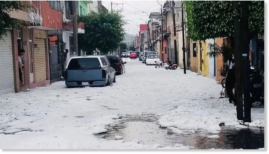 The streets of León, Guanajuato after intense hailstorm on July 6, 2025.