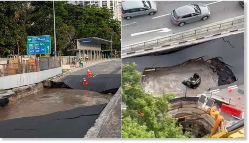 Scene of the road collapse along Tanjong Katong Road South.