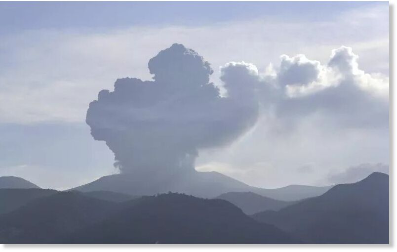 Photo taken on the morning of Aug. 28, 2025, from an unmanned fixed-point camera in Kirishima in Kagoshima Prefecture, southwestern Japan, shows the Shinmoedake volcano erupting.