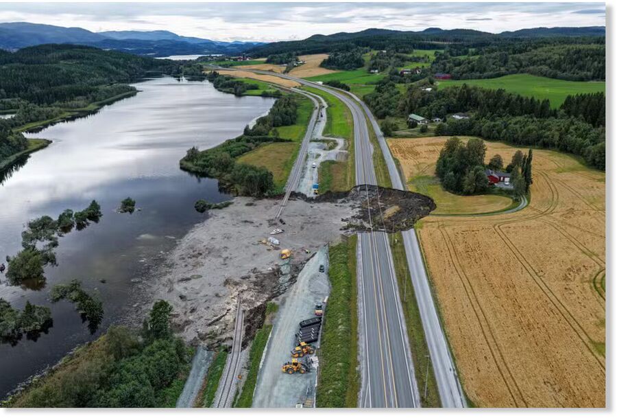 A landslide crossed the E6 road near Levanger, Norway, Saturday, Aug. 30, 2025.