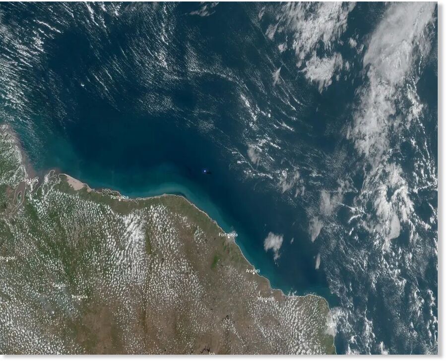 Satellite image showing the daylight fireball flash over the Atlantic Ocean off the coast of Ceará, northeastern Brazil, on September 9, 2025.