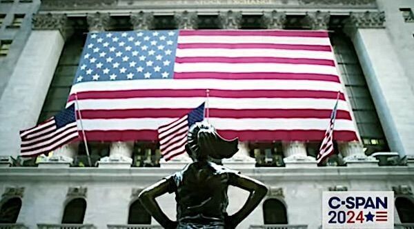 wall street statue little girl american flag