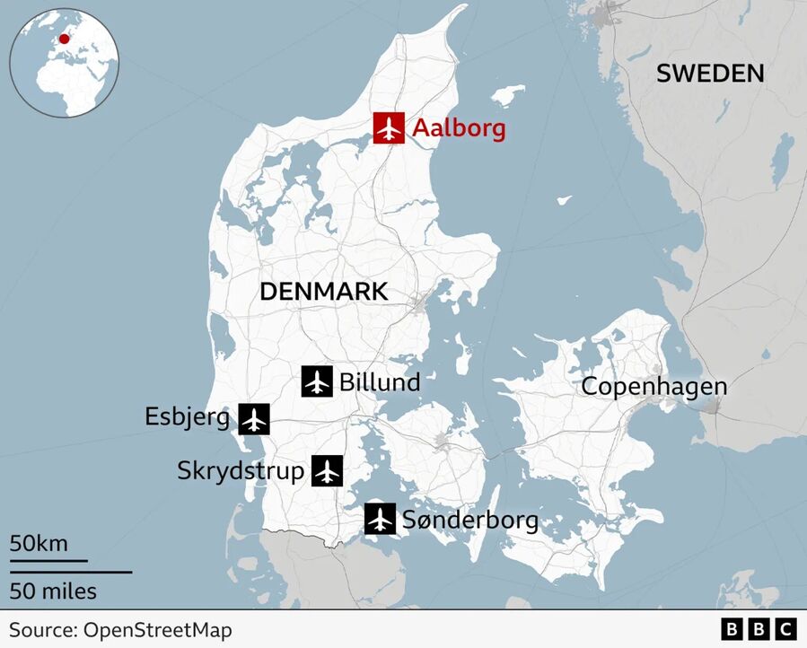Klikni za povećanje Map of Denmark - UAV incursion
