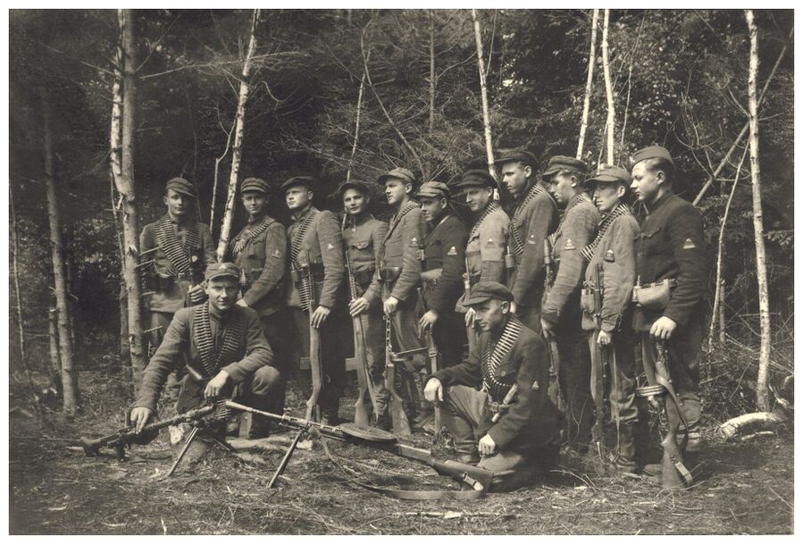 Lithuanian Forest Brothers pose in the woods, 1945