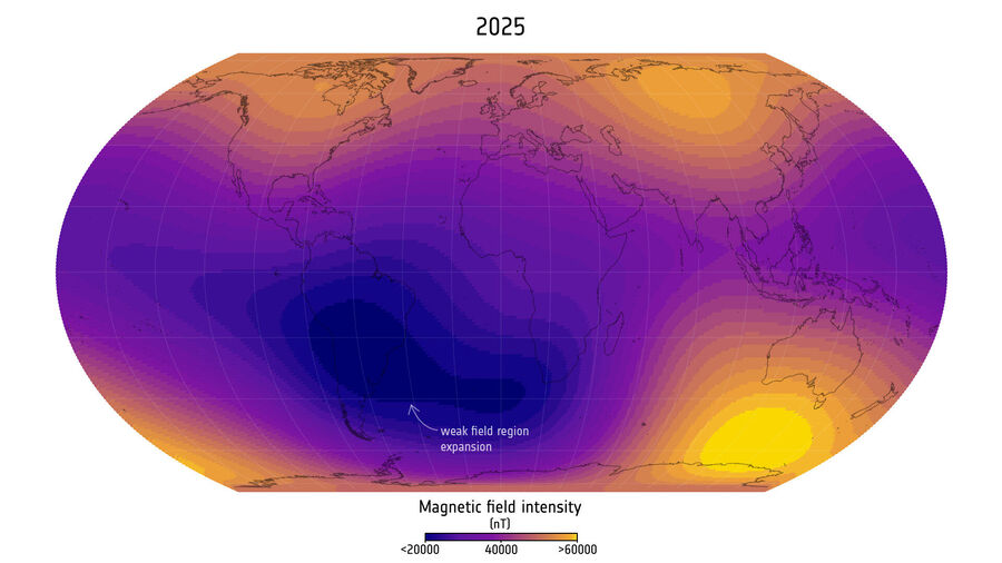 Klikni za povećanje South Atlantic Anomaly 2025 compared to 2014