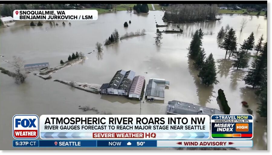 Drone footage captured major river flooding near Fall City, Washington stemming from the Snoqualmie River, located just east of Seattle, showcasing residences and farms inundated by major river flooding.