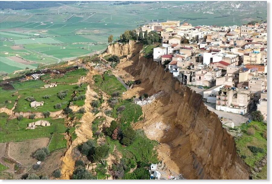 An aerial drone view of the landslide at Niscemi, Sicily, in southern Italy, on Jan 26.