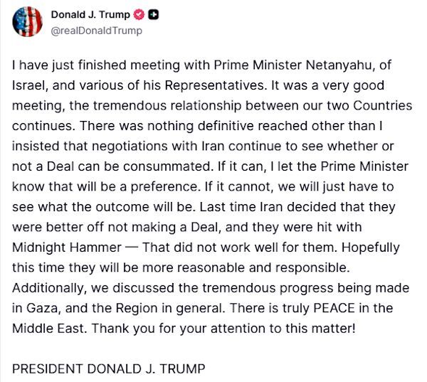 trump truth social post netanyahu war iran diplomacy
