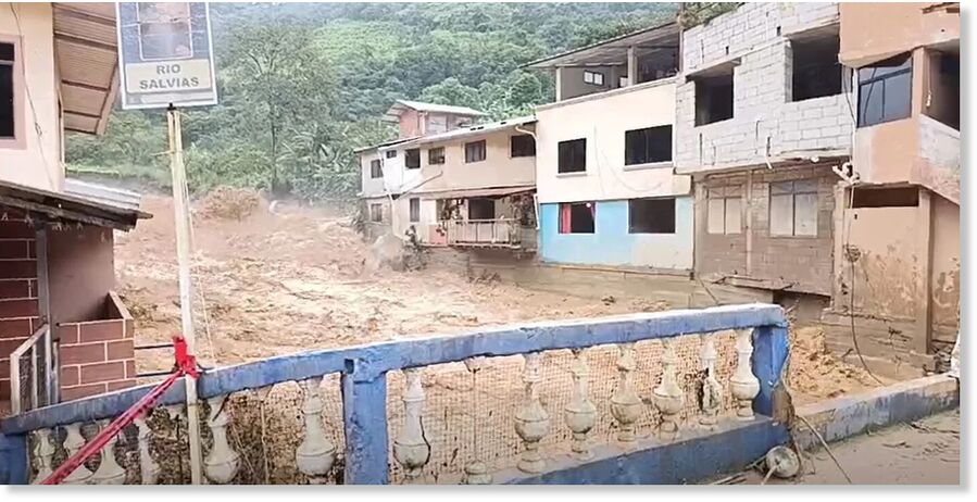 Klikni za povećanje On the night of Monday, March 9, 2026, the Salvias and Amarillo rivers overflowed in the cantons of Zaruma and Portovelo, respectively, in the province of El Oro