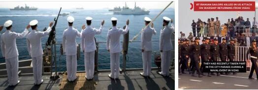 Left, the sea review from the deck of an Australian frigate; right, the Iranian march past.